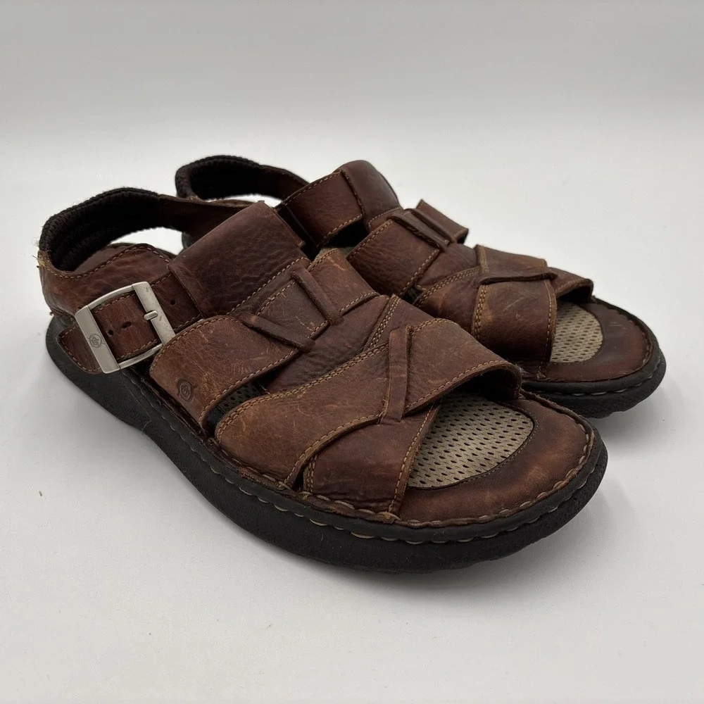 Born Murphy Fisherman Mens Size 12 Sandals Leather Woven Strappy Buckle Brown